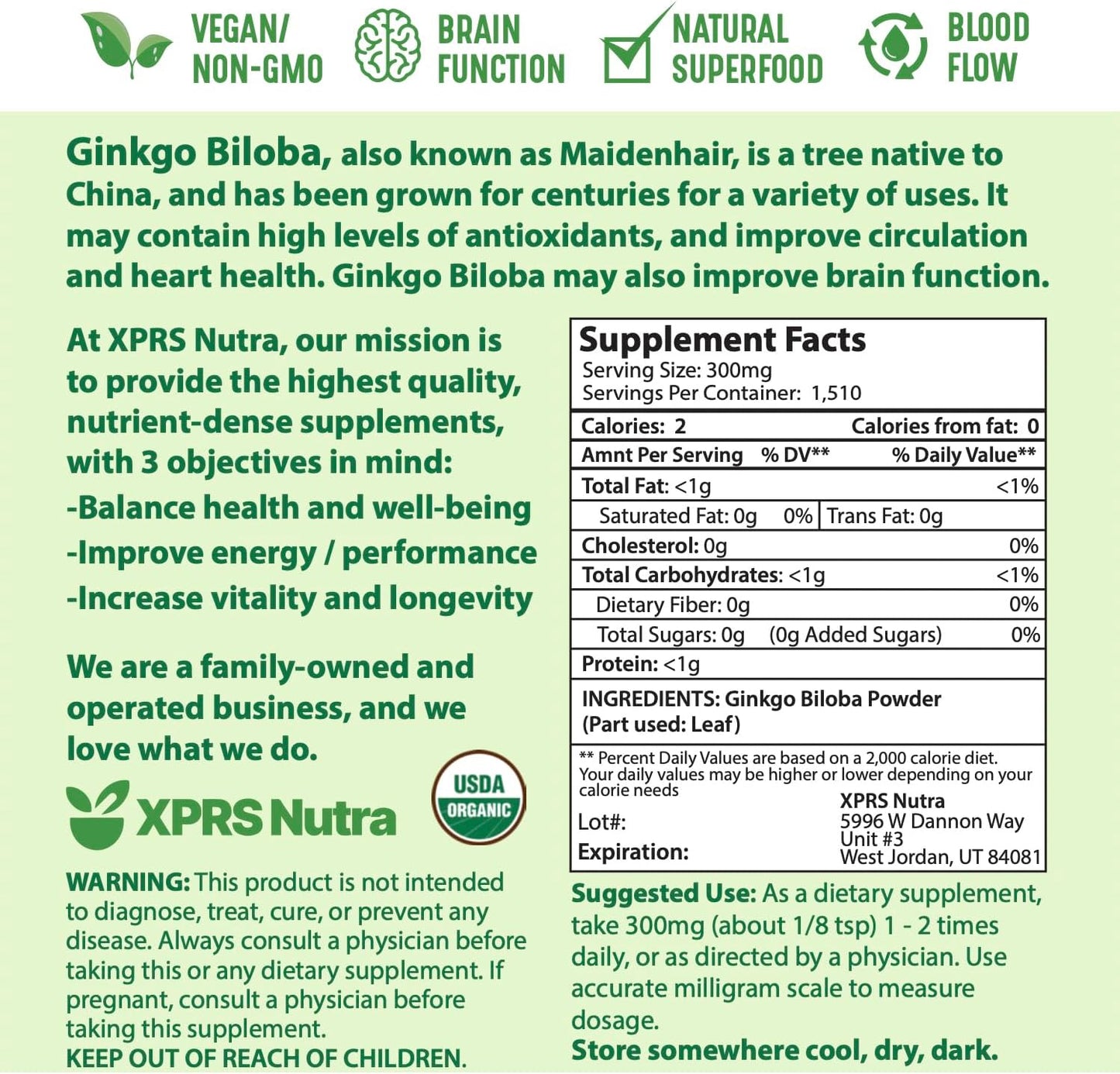 Organic Ginkgo Biloba Powder for Cognition and Immunity Boost - Vegan-Friendly Supplement (16 oz)