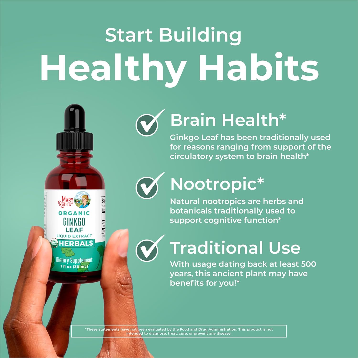 Organic Ginkgo Leaf Liquid Drops for Circulatory and Nervous System Health - Herbal Nootropic Supplement - USDA Certified - Vegan - 60 Servings