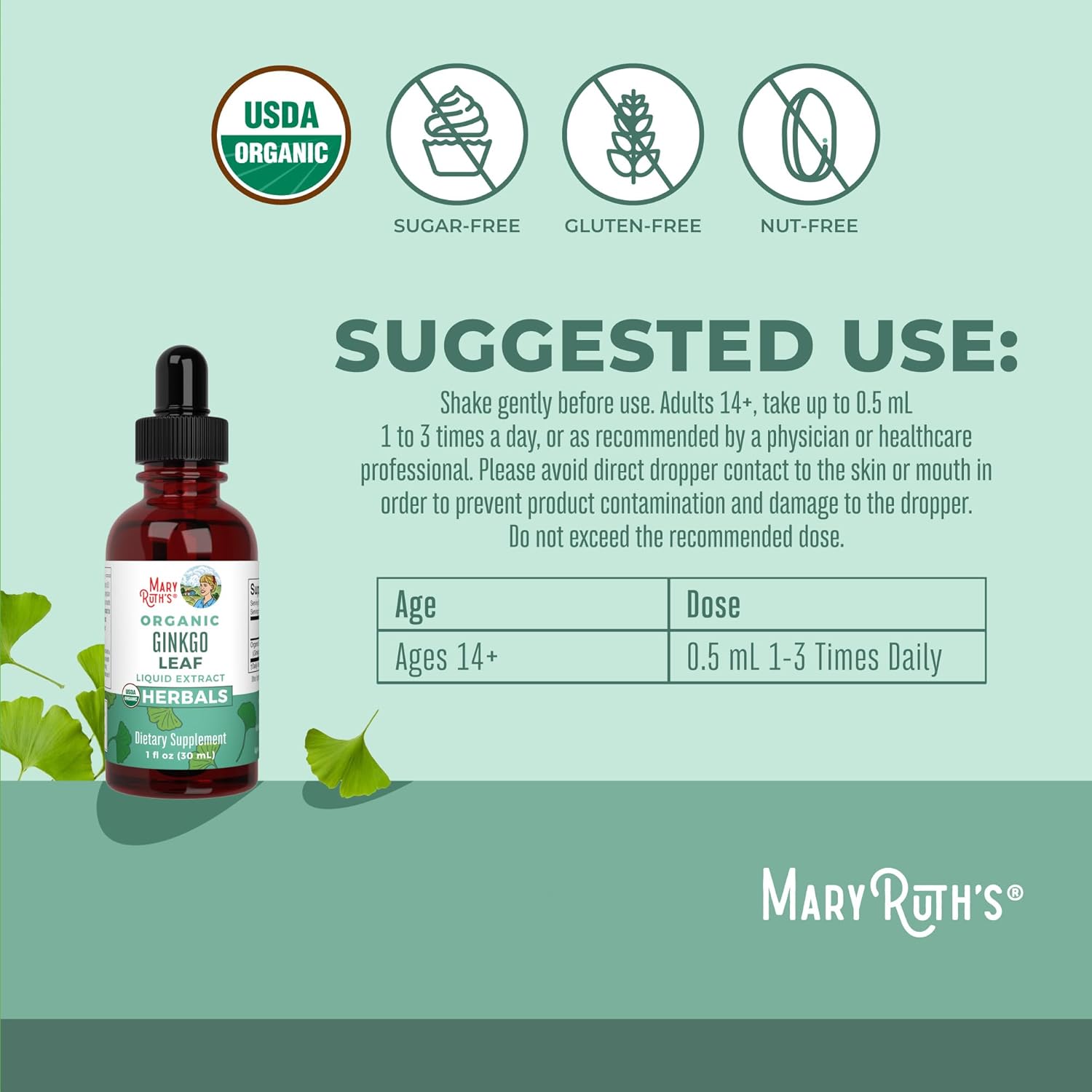 Organic Ginkgo Leaf Liquid Drops for Circulatory and Nervous System Health - Herbal Nootropic Supplement - USDA Certified - Vegan - 60 Servings