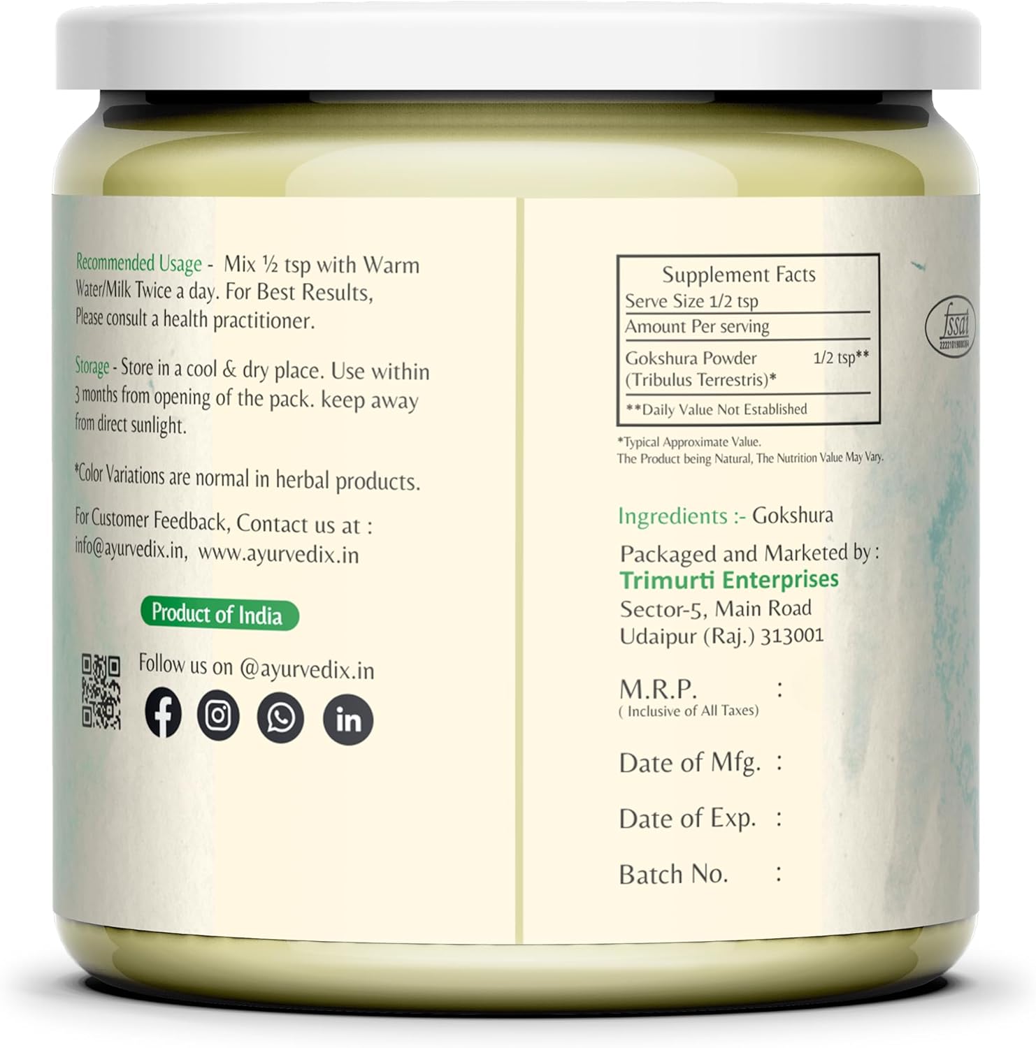 Organic Gokhru Powder - Non-GMO, Gluten Free (200g/7.05oz) by Ayurvedix