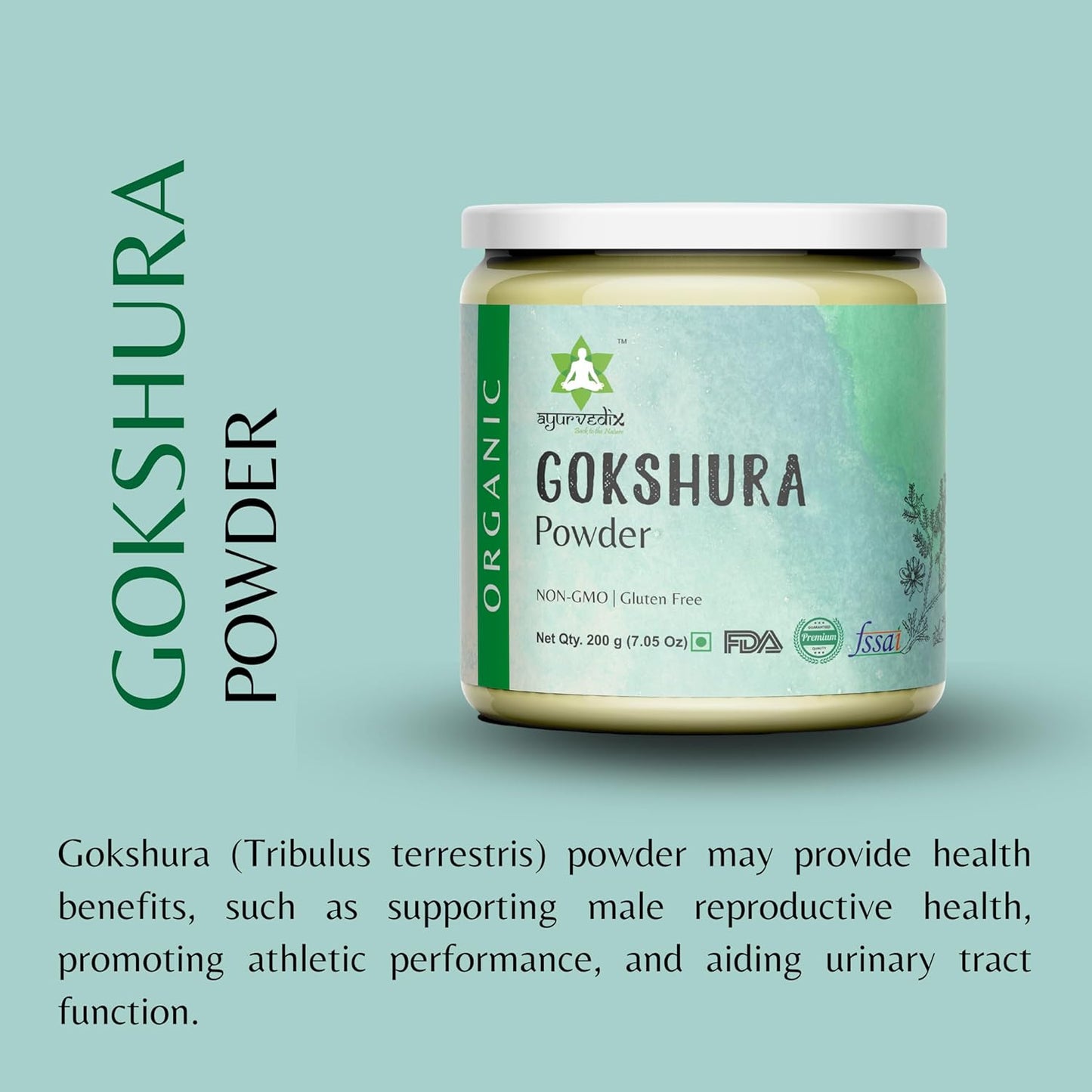 Organic Gokhru Powder - Non-GMO, Gluten Free (200g/7.05oz) by Ayurvedix
