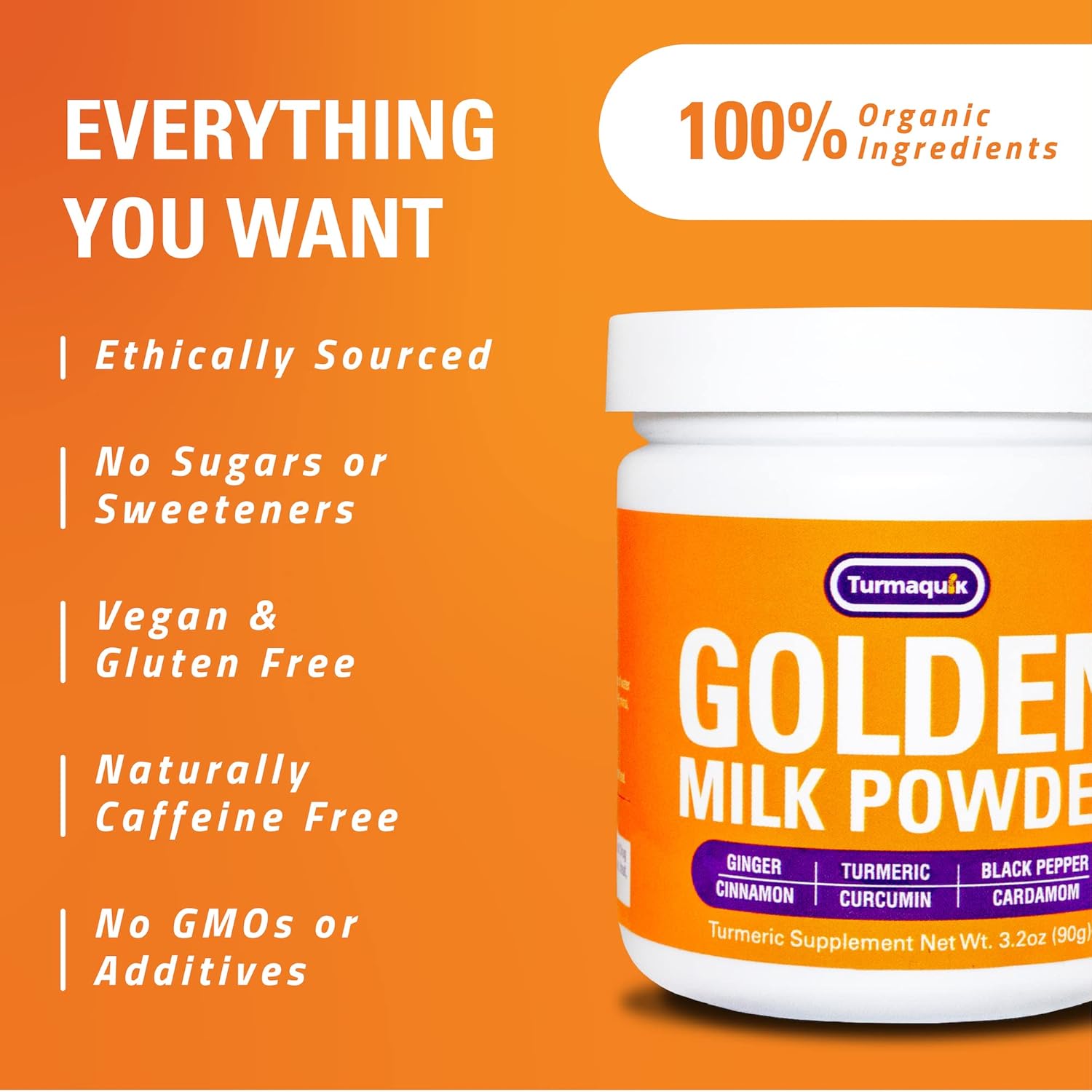Organic Golden Milk Turmeric Latte Superfood Blend with Ginger, Black Pepper, Curcumin, Cinnamon, Cardamom - Non-GMO, Vegan, Keto, Ayurvedic (3.2 oz)