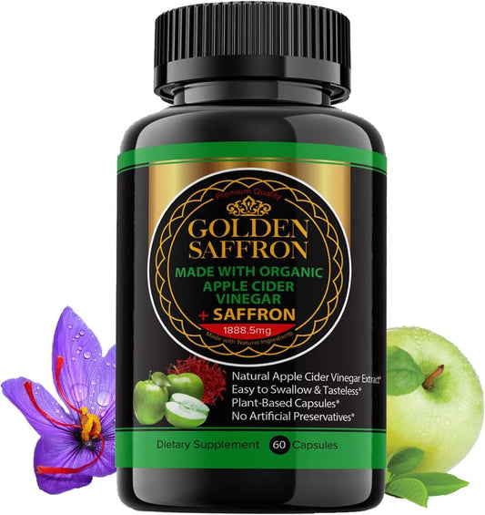 Organic Golden Saffron Apple Cider Vinegar Capsules - 60 Veggie Pills with Saffron Extract - 1800mg ACV - Non-GMO, Made in USA.