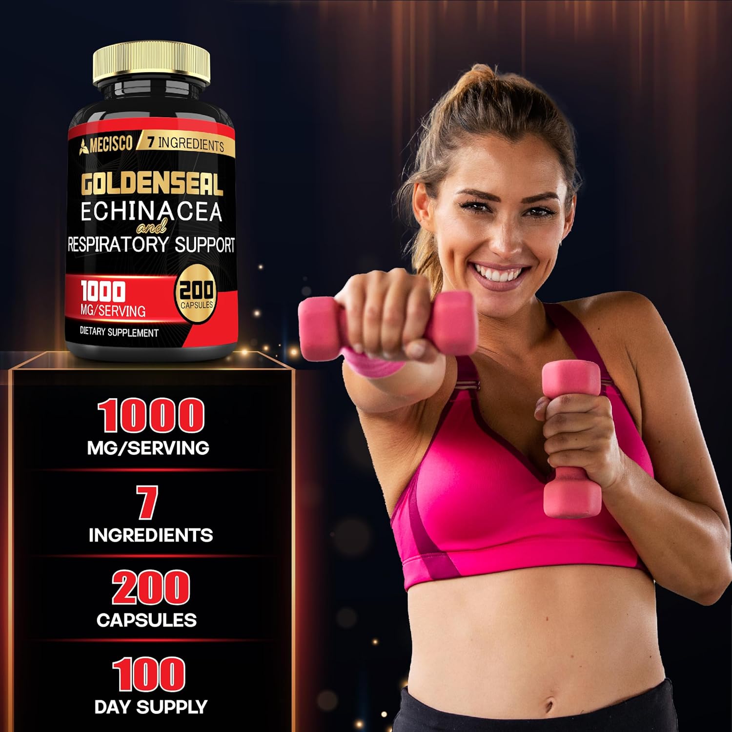Organic Goldenseal Root Capsules with Echinacea, Mullein Leaf, Plantain - Immune Support & Digestive Health - 200 Capsules