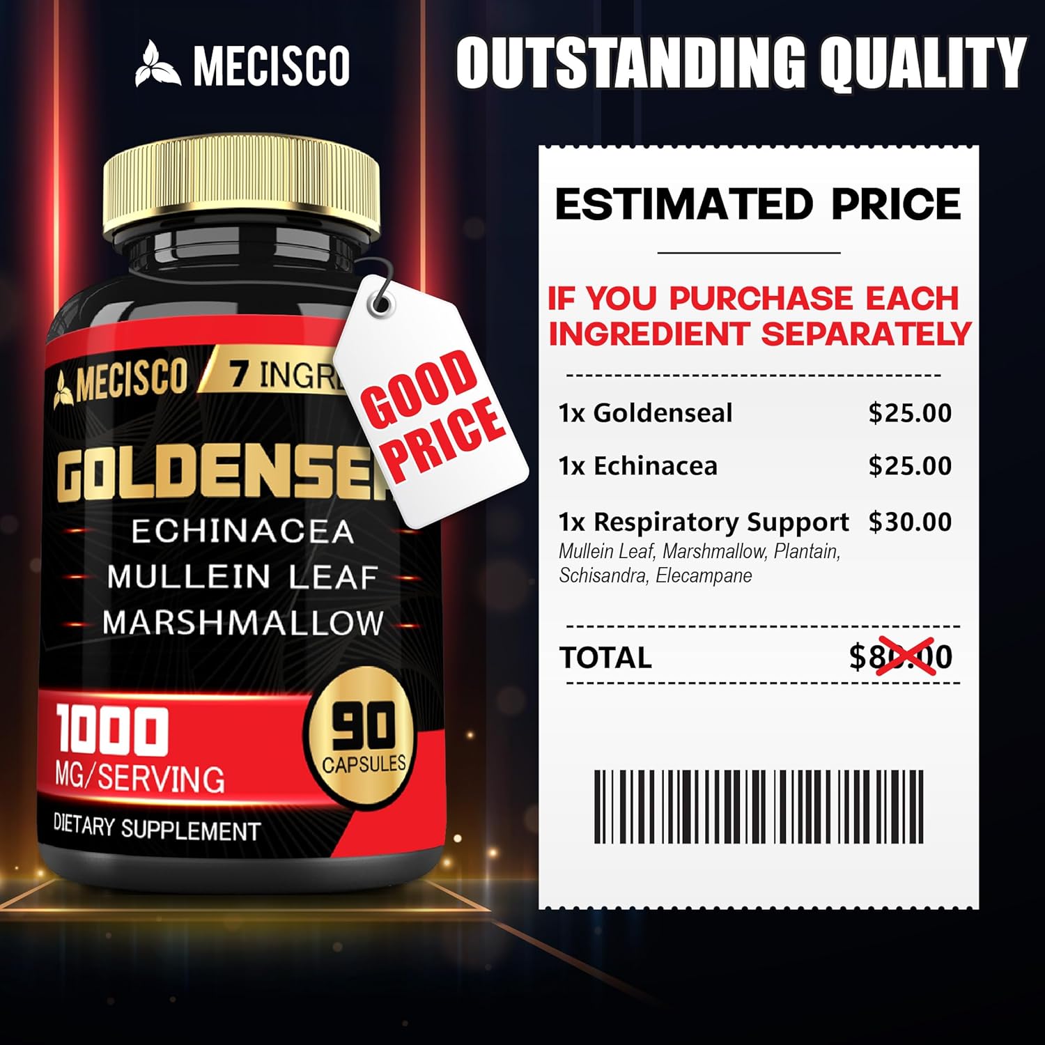 Organic Goldenseal Root Capsules with Echinacea, Mullein Leaf, Plantain - 90 Veggie Capsules for Immune & Digestive Health