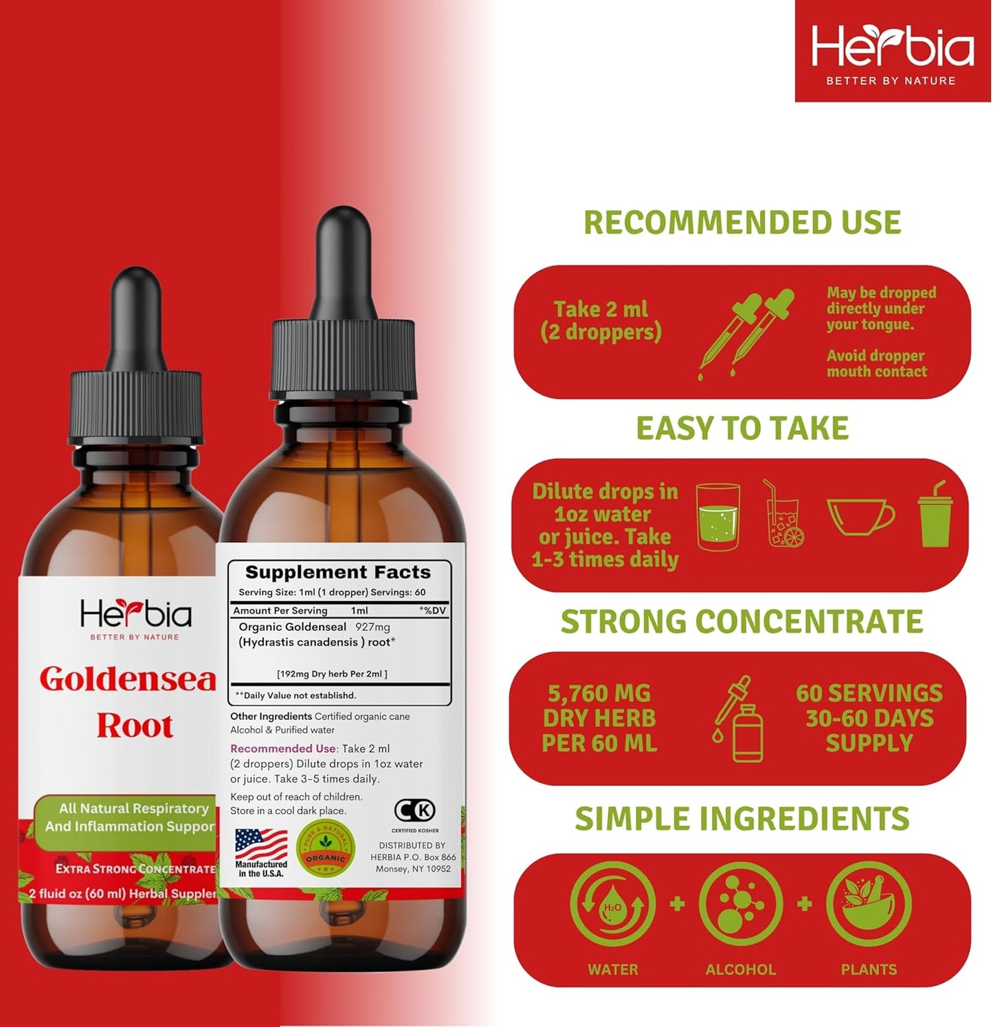 Organic Goldenseal Root Extract for Immunity Boost - Liquid Alcohol Extract with Antioxidants - 60 Servings, 2 oz