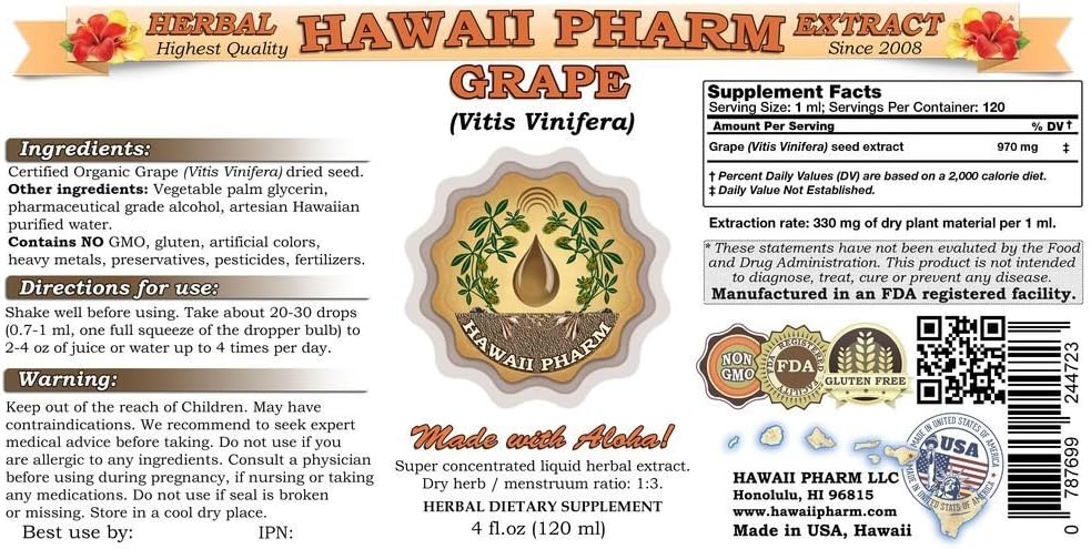 Organic Grape Seed Liquid Extract Supplement - 2 oz Bottle from Hawaii Pharm