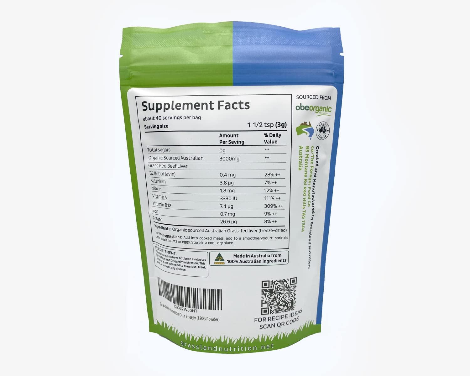Organic Grass Fed Beef Liver Powder - Freeze Dried for Natural Iron, Vitamin A & B12 - Energy Boost (120G)