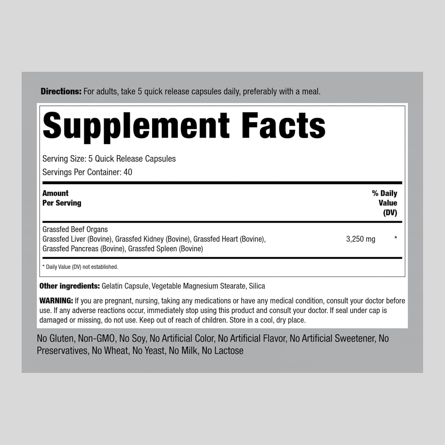 Organic Grass Fed Beef Organs Supplement Capsules | 3250 mg | Liver, Kidney, Pancreas, Heart, Spleen | Non-GMO, Gluten Free