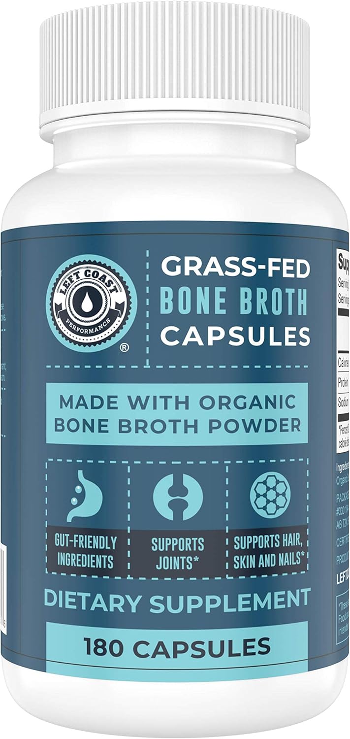 Organic Grass-Fed Bone Broth Capsules with Collagen for Hair, Nails, Joints & Digestive Health - 180 Capsules