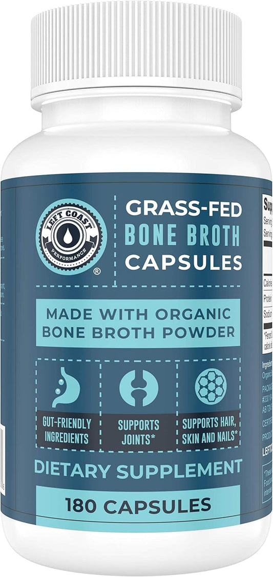 Organic Grass-Fed Bone Broth Capsules with Collagen for Hair, Nails, Joints & Digestive Health - 180 Capsules