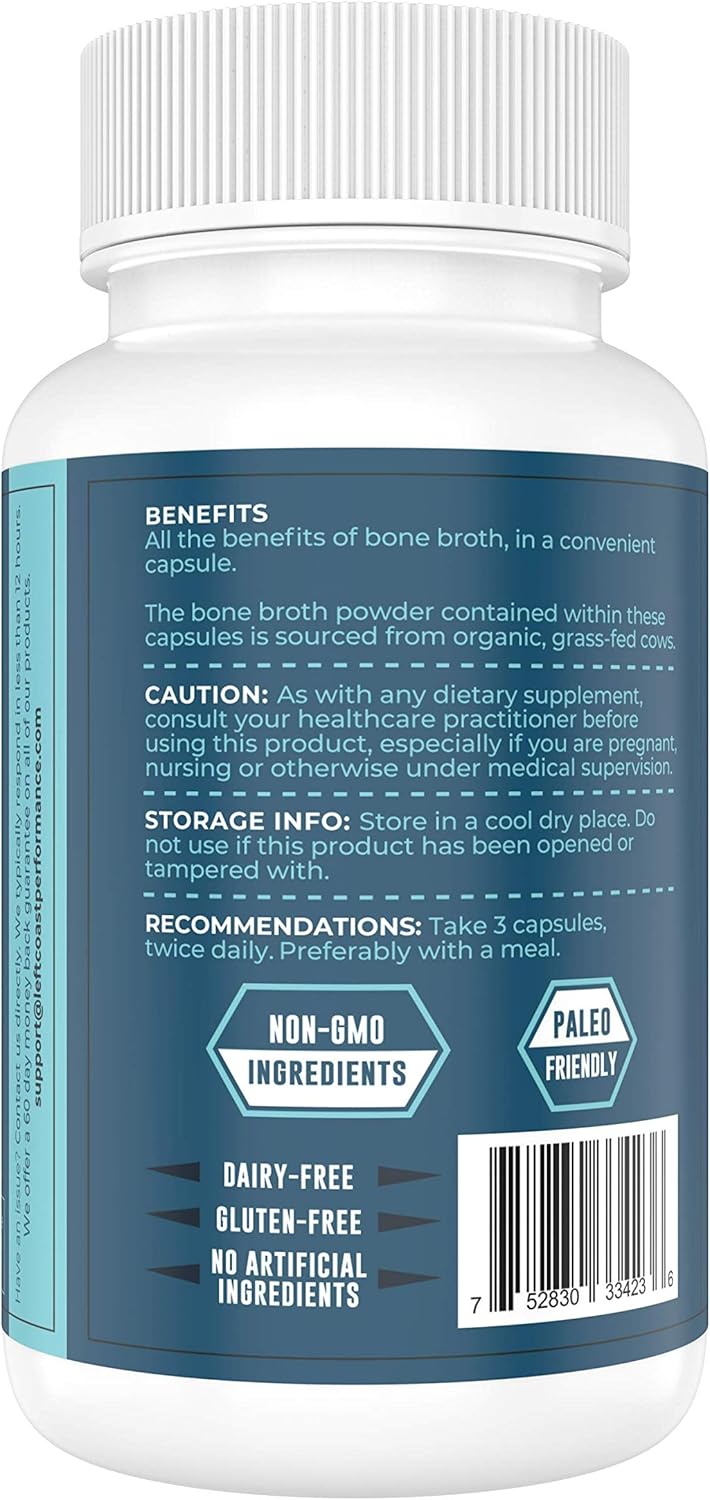 Organic Grass-Fed Bone Broth Capsules with Collagen for Hair, Nails, Joints & Digestive Health - 180 Capsules