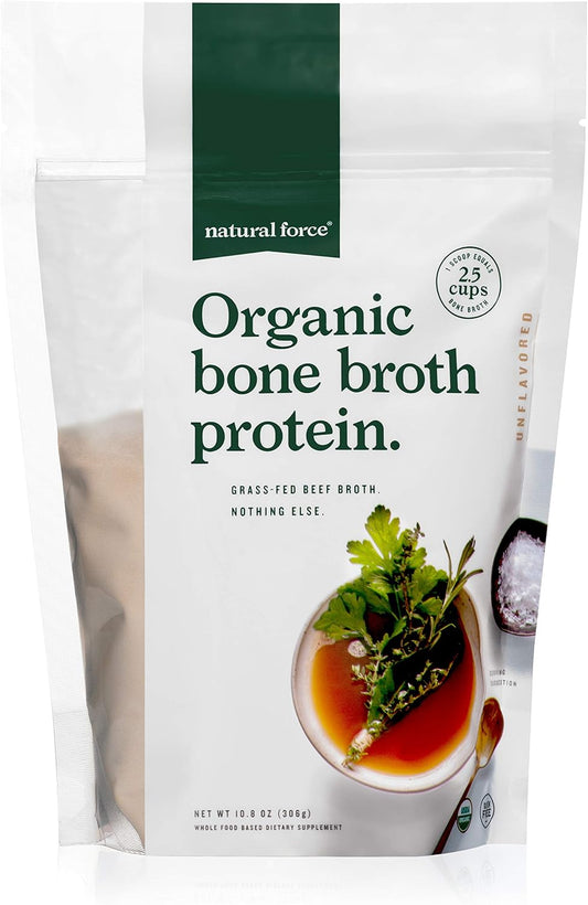 Organic Grass-Fed Bone Broth Protein Powder with Collagen Types I, II & III, Keto Certified, Unflavored - 10.8 oz for Soups & Cooking