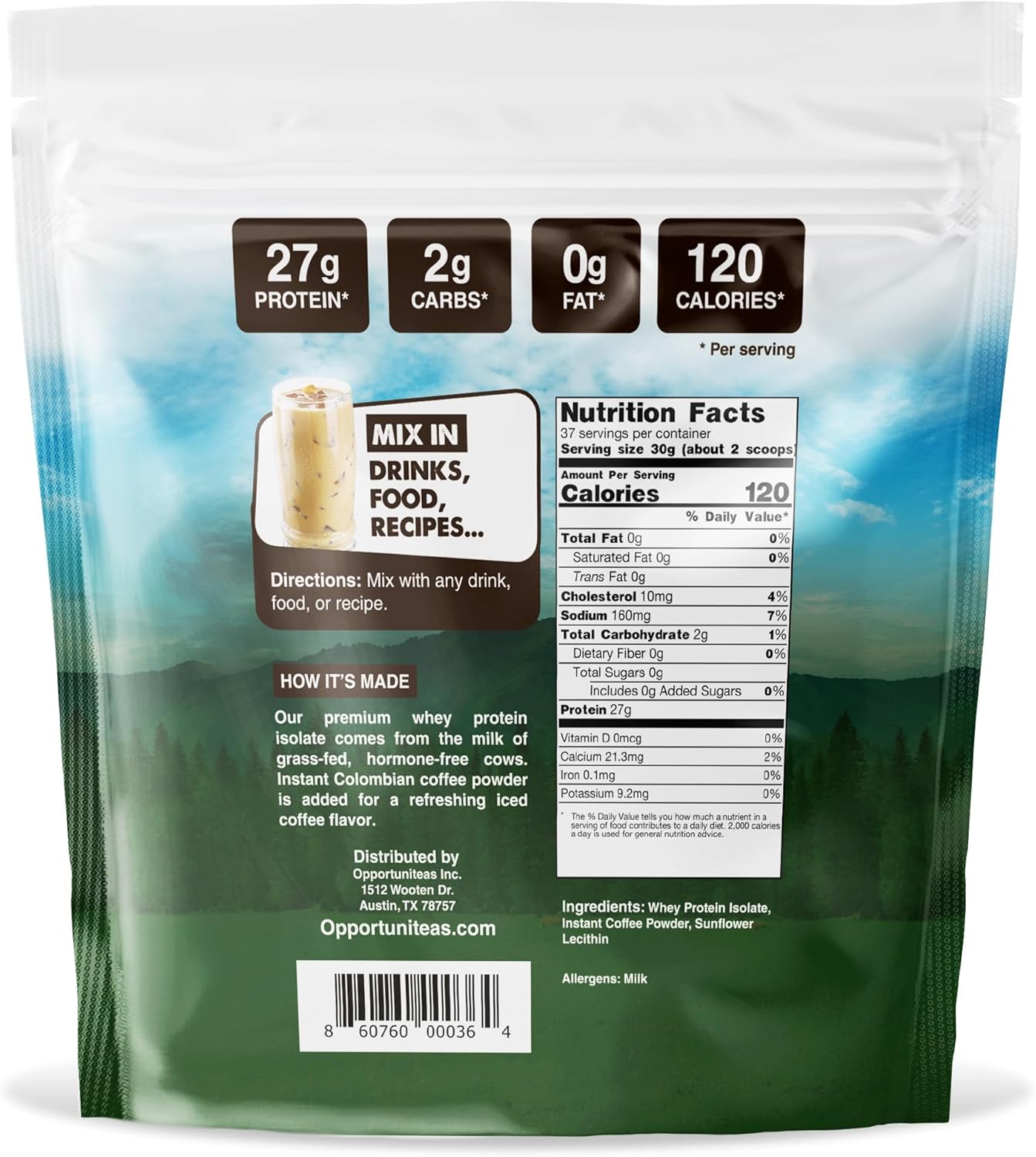 Organic Grass Fed Coffee Whey Protein Isolate Powder - 27g Protein, No Artificial Sweeteners, 60mg Caffeine, Hormone-Free - 5lb