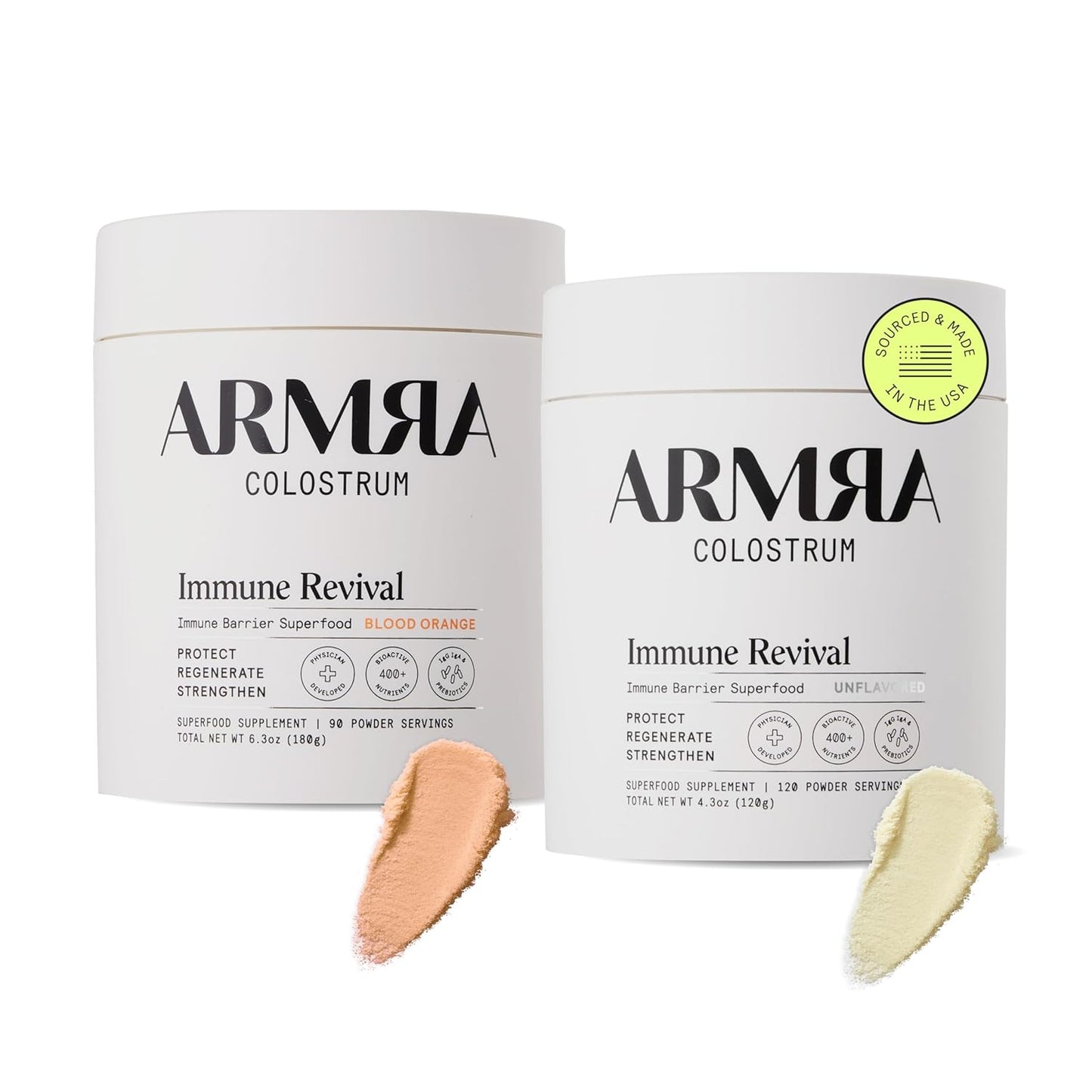 Organic Grass Fed Colostrum Powder for Gut Health, Immunity, Skin & Hair - 400+ Bioactive Nutrients, Keto-Friendly - Unflavored and Blood Orange Jars