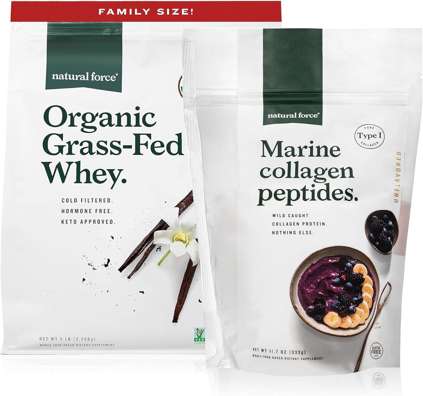 Organic Grass-Fed Whey Protein Powder Vanilla Flavor 5 lb + Clean Marine Collagen 11.7 oz