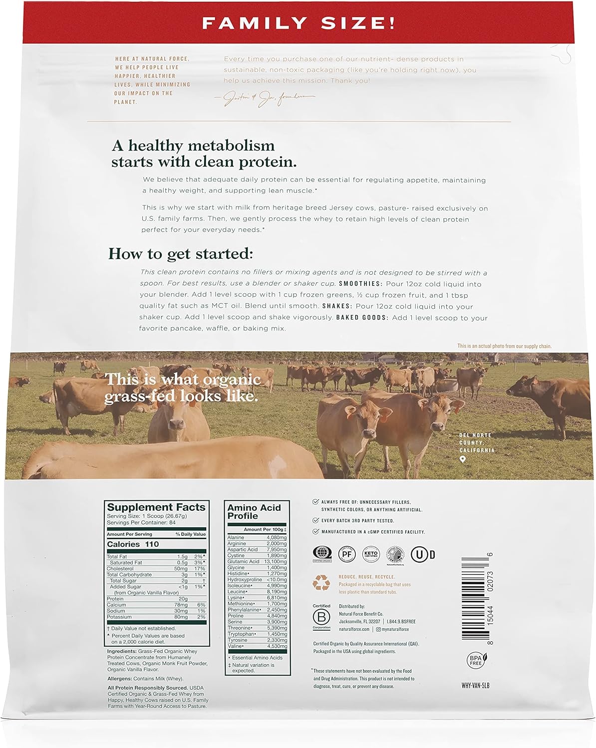 Organic Grass-Fed Whey Protein Powder Vanilla Flavor 5 lb + Clean Marine Collagen 11.7 oz