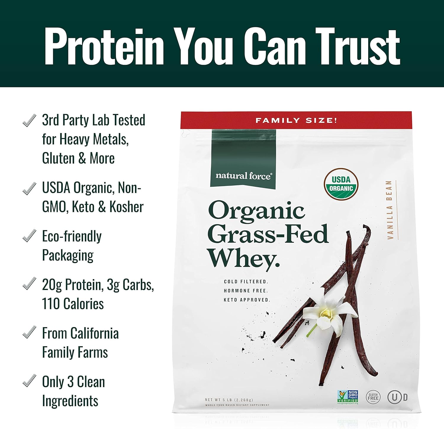 Organic Grass-Fed Whey Protein Powder Vanilla Flavor 5 lb + Clean Marine Collagen 11.7 oz