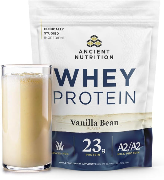 Organic Grass Fed Whey Protein with Collagen Peptides, 23g Protein, A2/A2 Milk Protein, Vanilla Bean Flavor - 35 Servings