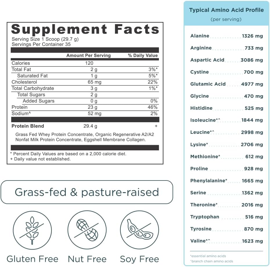 Organic Grass Fed Whey Protein with Collagen Peptides, 23g Protein, A2/A2 Milk Protein, Vanilla Bean Flavor - 35 Servings
