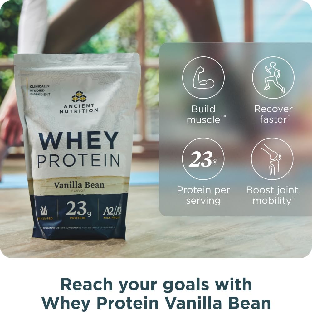 Organic Grass Fed Whey Protein with Collagen Peptides, 23g Protein, A2/A2 Milk Protein, Vanilla Bean Flavor - 35 Servings