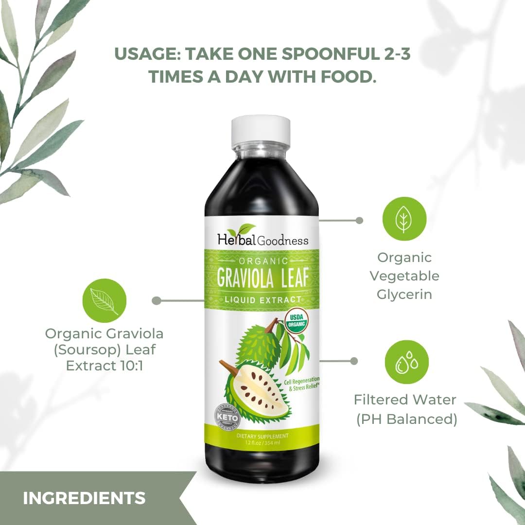 Organic Graviola Leaf Extract 15X Strength - Soursop Liquid Supplement for Cell Support, Stress Relief, and Immune Boost - 12oz x 12 bottles