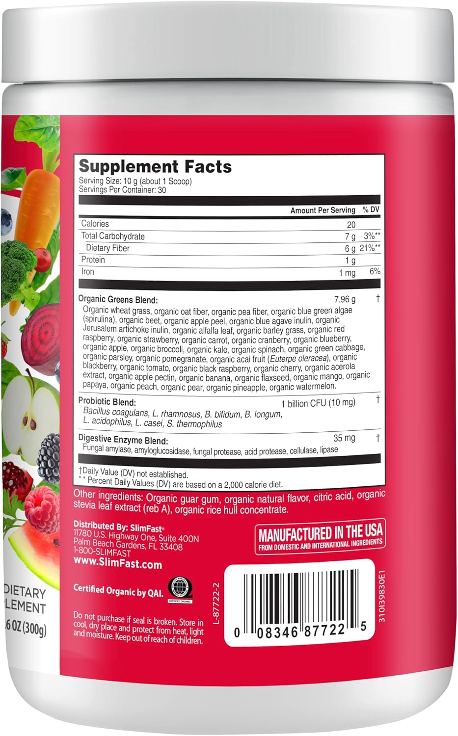 Organic Green Superfoods Powder with Probiotics and Enzymes - Berry Burst, 30 Servings