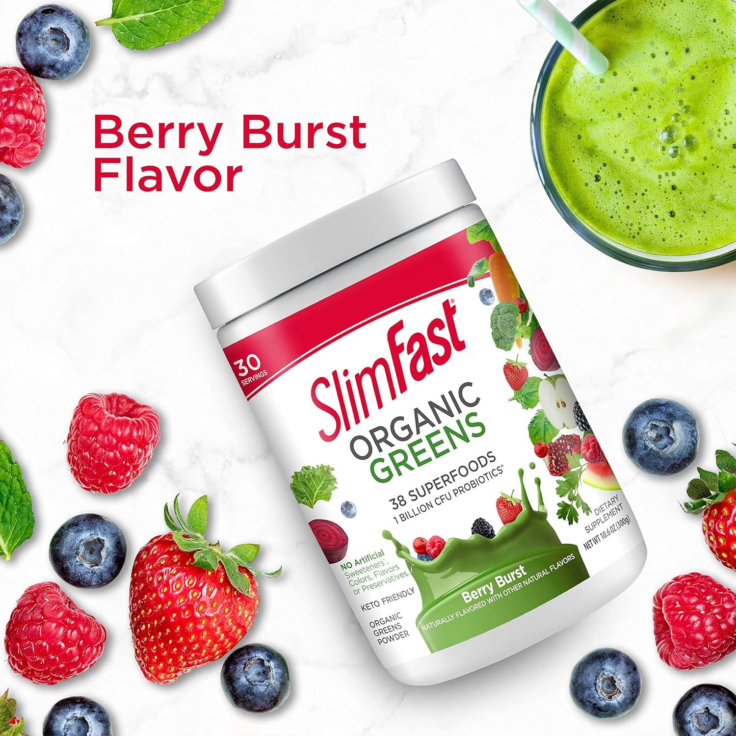 Organic Green Superfoods Powder with Probiotics and Enzymes - Berry Burst, 30 Servings