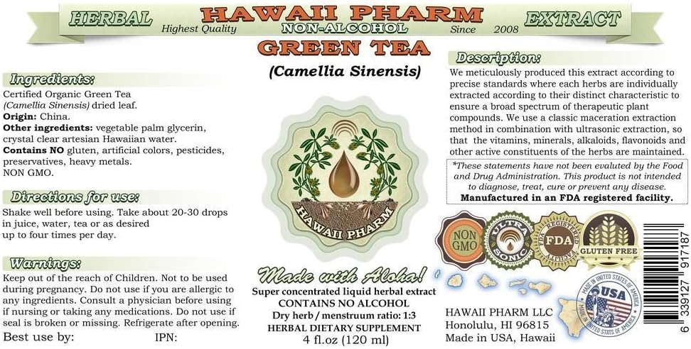 Organic Green Tea Alcohol-Free Liquid Extract - 2 oz Herbal Supplement by Hawaii Pharm