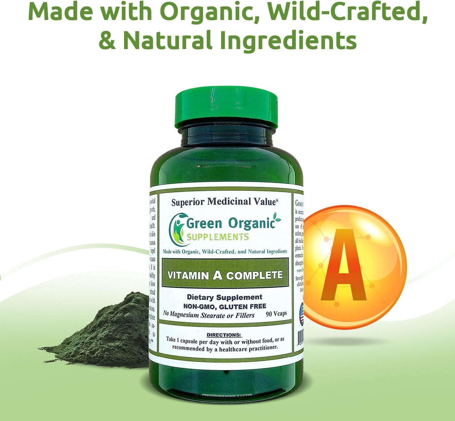 Organic Green Vitamin A Retinyl Palmitate Supplement 15000IU 90 VCaps Non-GMO Gluten Free Hand Made - 1 Pack