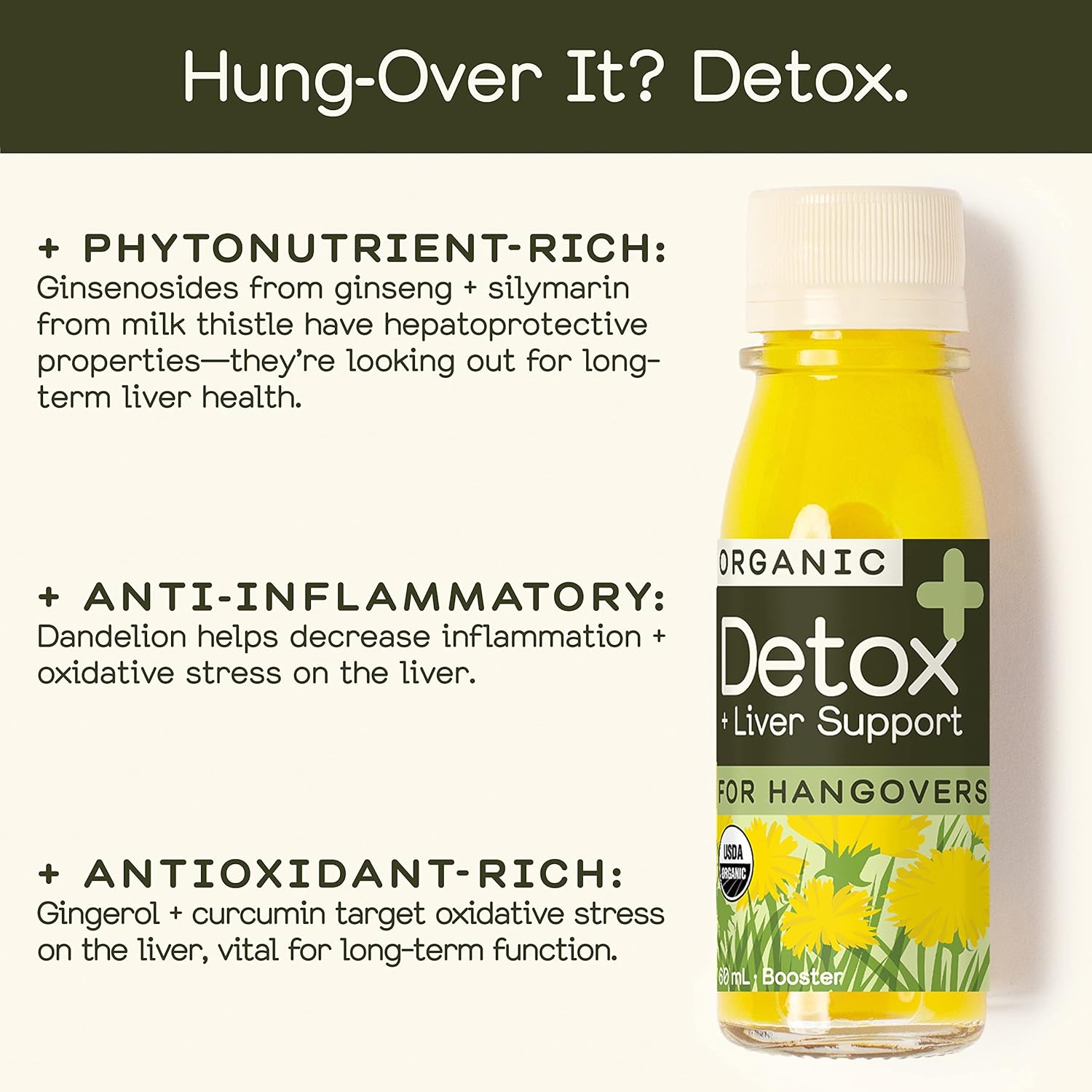 Organic Greenhouse Juice Detox Shots for Immunity, Liver Health, and Inflammation with Ginseng, Milk Thistle, Dandelion - Vegan, Gluten-Free (24 Oz, 12-Pack)