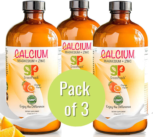 Organic GreenPeach Liquid Calcium & Magnesium Supplement for Kids with Vitamin D3 - Vegetarian & Kosher Citrate Formula - Calming Support without Sugar or Artificial Flavors - 3-Pack