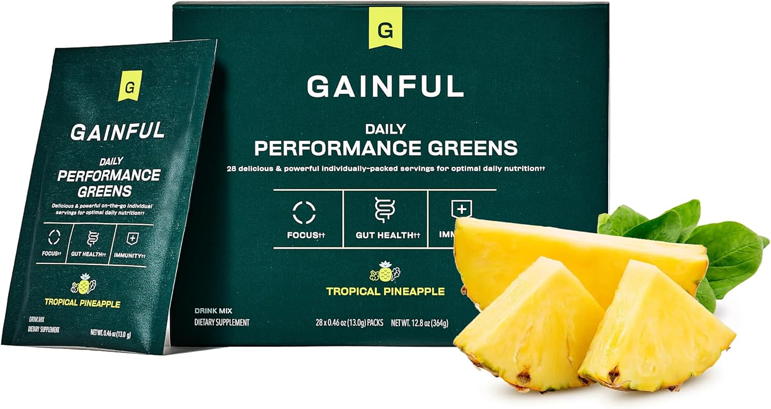 Organic Greens Powder with L Theanine for Gut Health, Energy, Focus, and Immune Support - Coconut Pineapple Flavor, 28 Packets