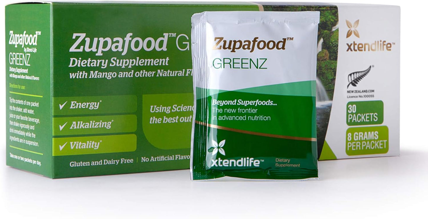 Organic Greens Superfood Detox Powder with Spirulina & Wheatgrass for Gut Health & Immunity - Xtendlife Zupafood GREENZ | 30 Packs (Vegan & Gluten Free)