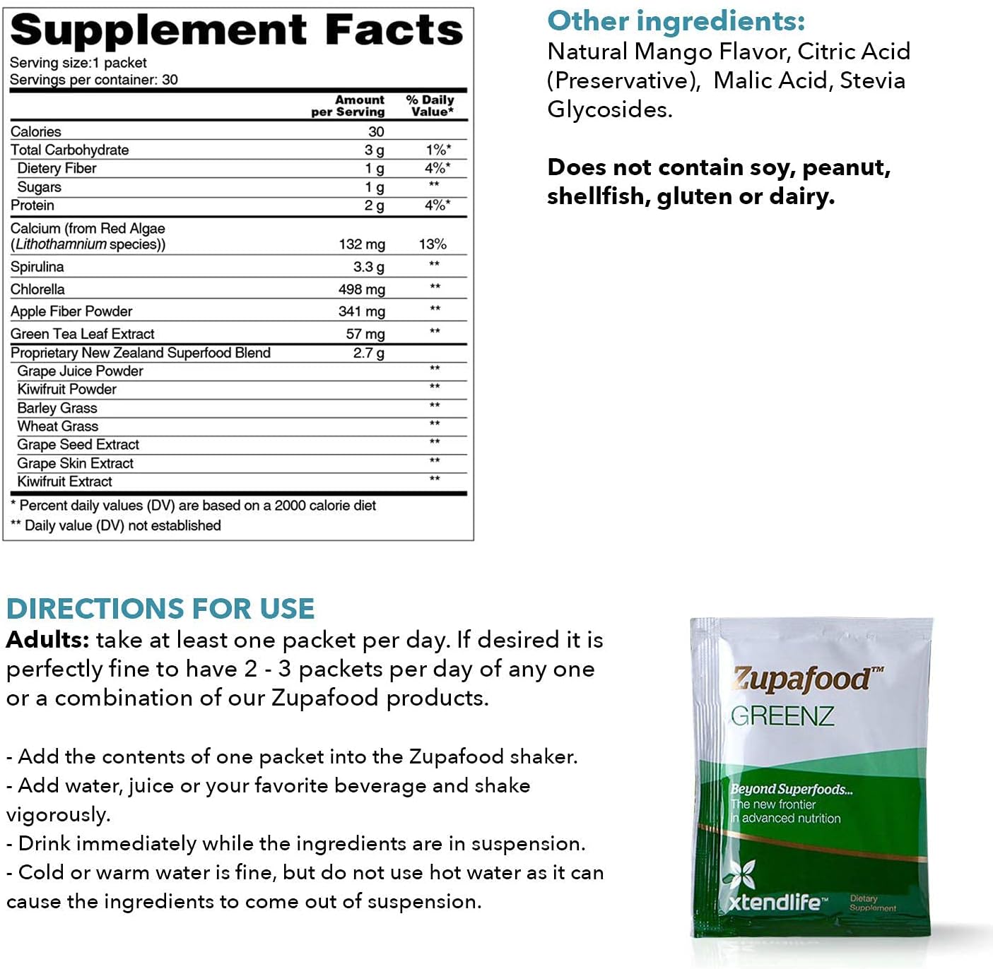 Organic Greens Superfood Detox Powder with Spirulina & Wheatgrass for Gut Health & Immunity - Xtendlife Zupafood GREENZ | 30 Packs (Vegan & Gluten Free)