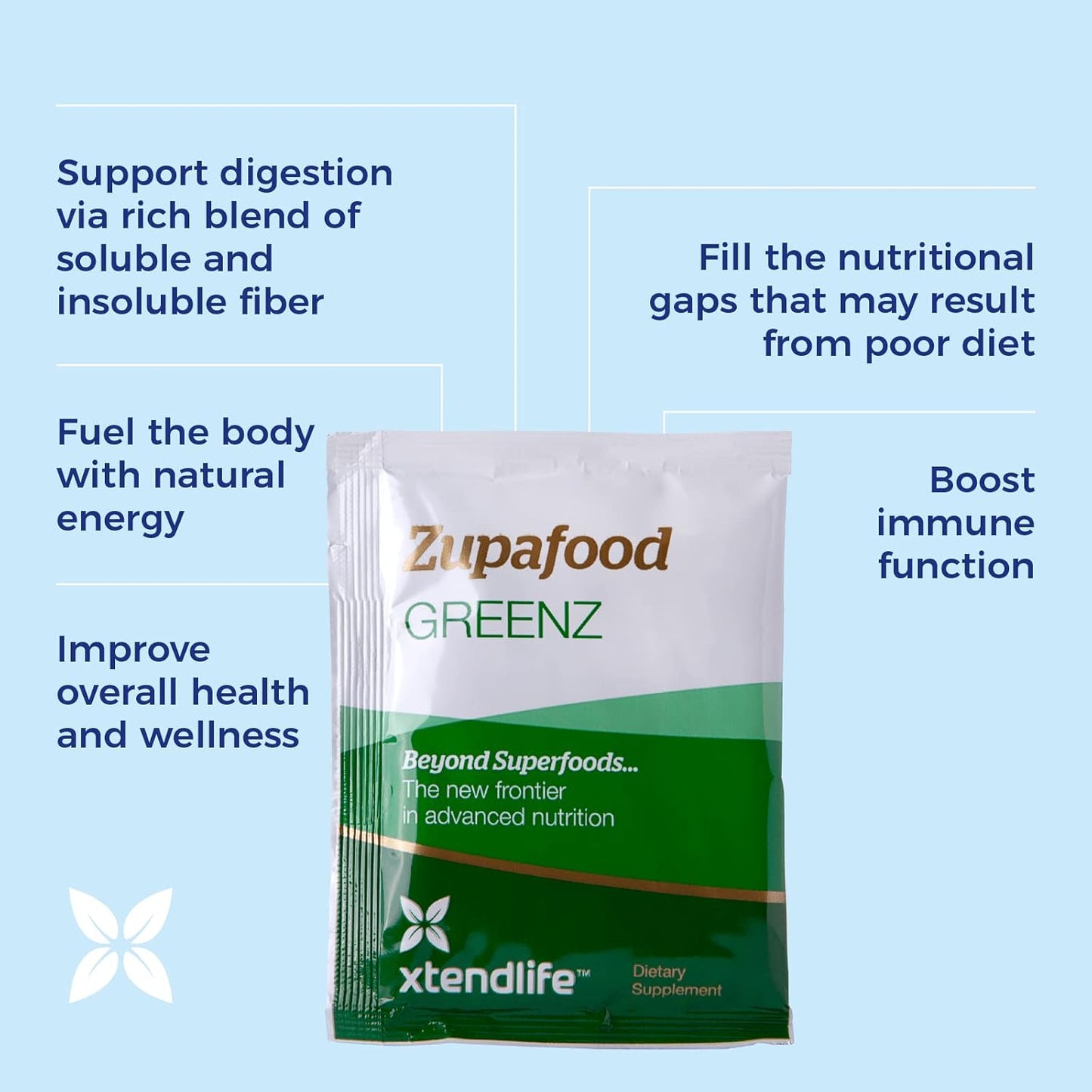 Organic Greens Superfood Detox Powder with Spirulina & Wheatgrass for Gut Health & Immunity - Xtendlife Zupafood GREENZ | 30 Packs (Vegan & Gluten Free)