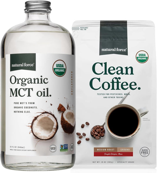 Organic Ground Clean Coffee with Pure Coconut MCT Oil Bundle - Non-GMO, Keto, Paleo, Vegan - 10 Oz Bag, 32 Oz Bottle