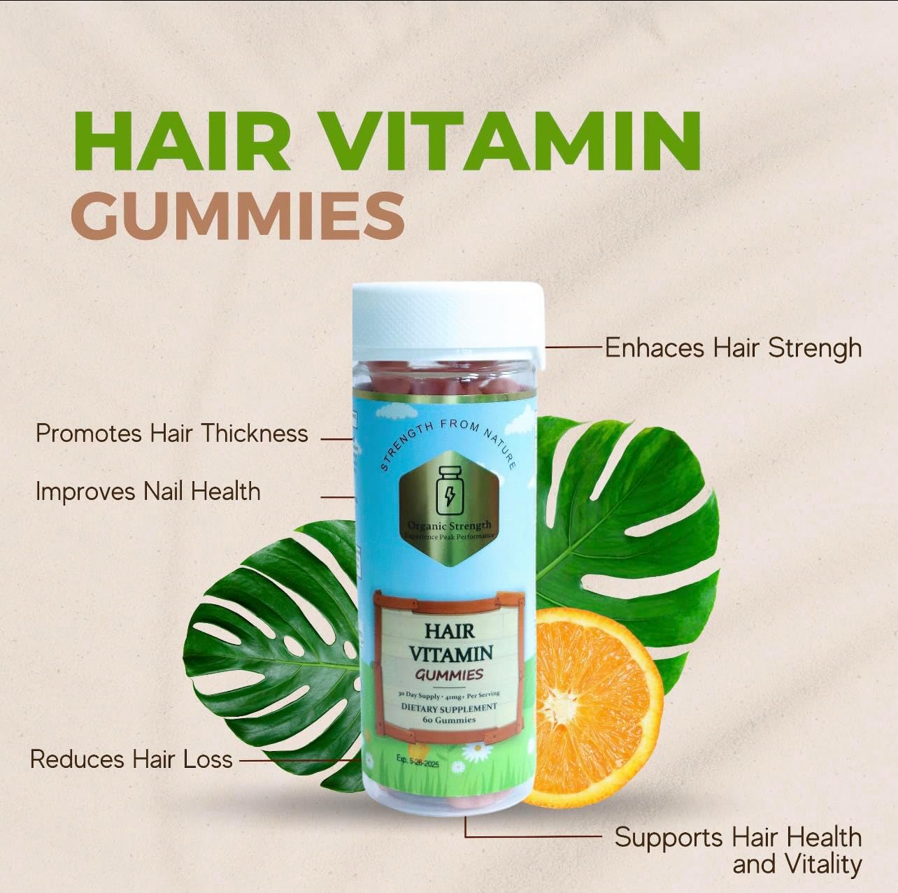 Organic Hair Vitamin Gummies with 5000 mg Biotin, VIT A, Folate (60 Count)