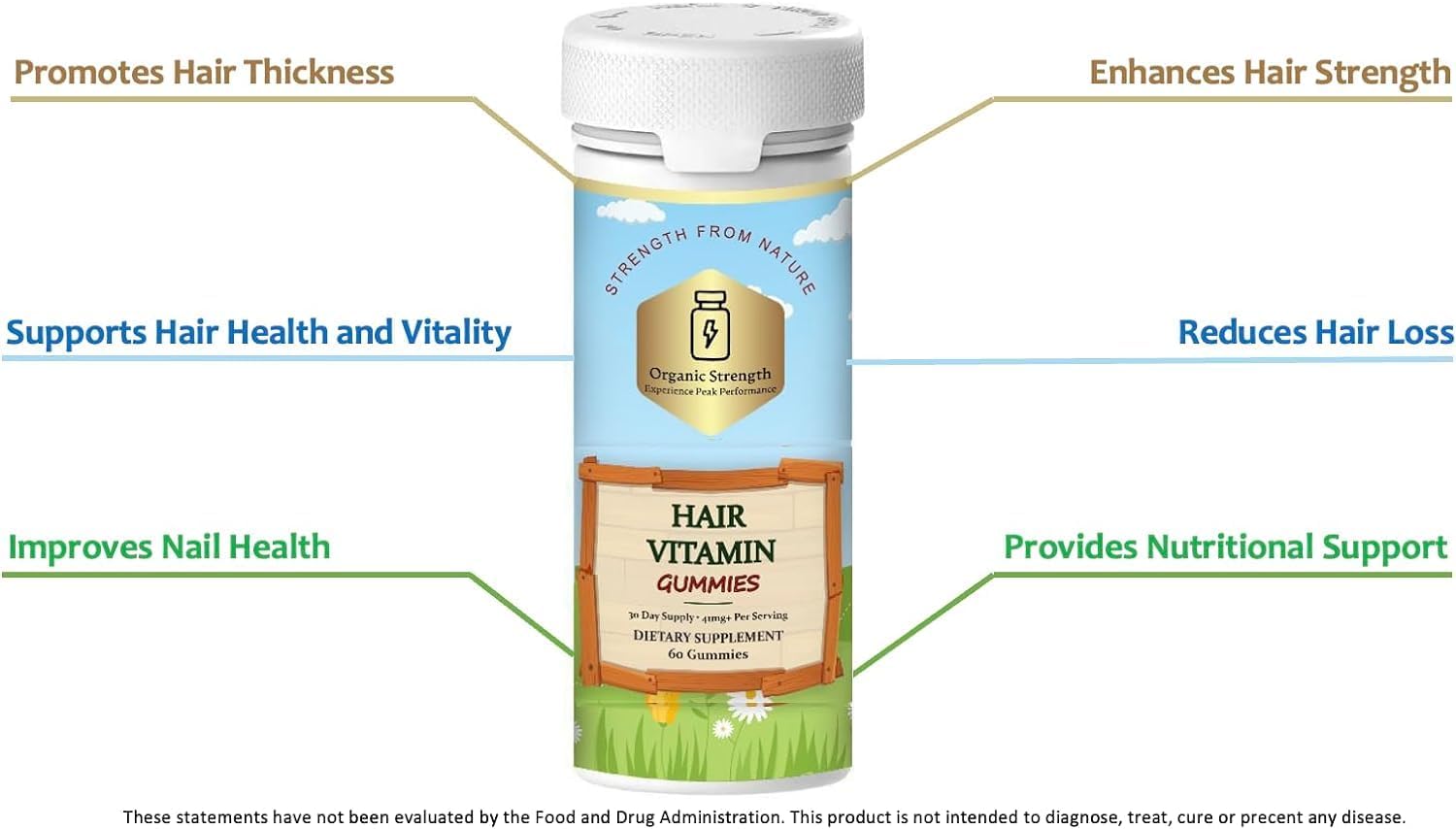 Organic Hair Vitamin Gummies with 5000 mg Biotin, VIT A, Folate (60 Count)