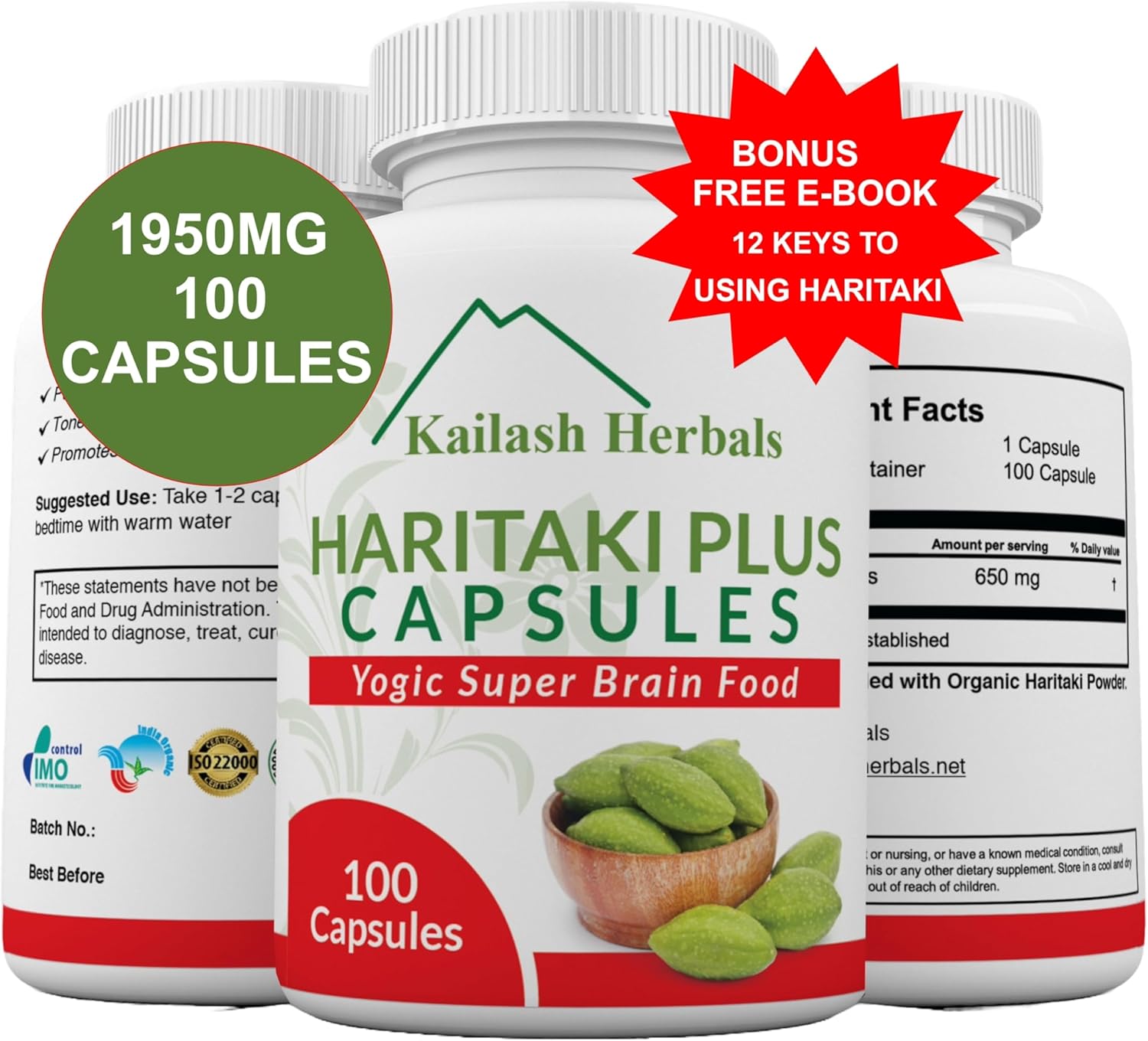 Organic Haritaki Capsules 2420MG for Improved Digestion, Detox & Brain Function - 100 Capsules Terminalia chebula | Vegan, Non-GMO