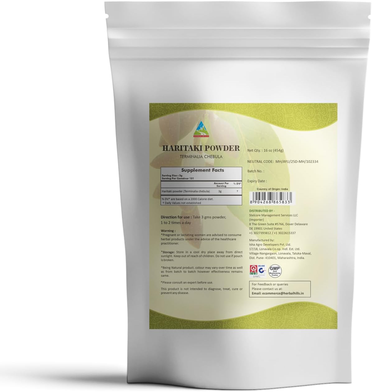 Organic Haritaki Powder - Terminalia Chebula Inknut Harde - 1lb (16oz) Pack by HERBAL HILLS