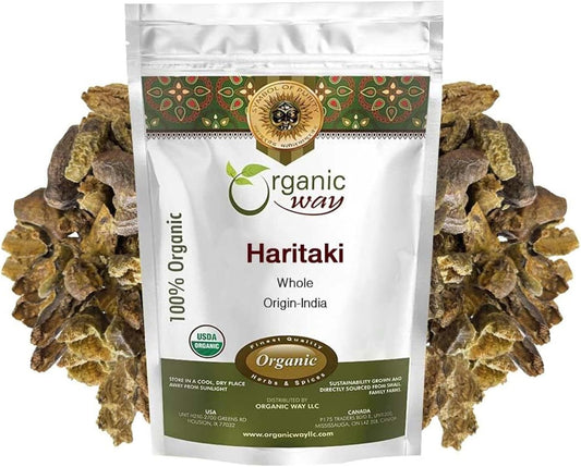 Organic Haritaki Whole (Chebulic Myrobalan) - 100% Raw from India | USDA & Kosher Certified | Vegan, Non-GMO, Gluten Free | 4 oz Pack