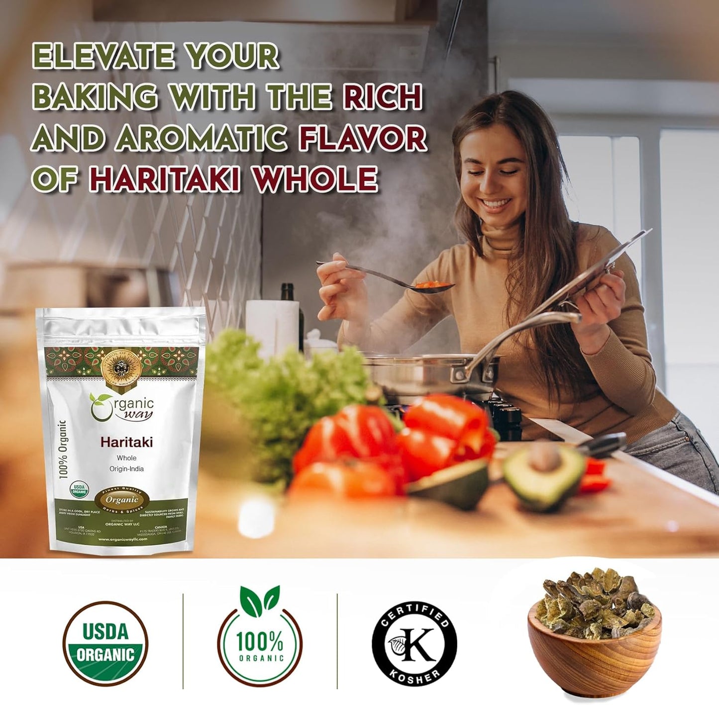 Organic Haritaki Whole (Chebulic Myrobalan) - 100% Raw from India | USDA & Kosher Certified | Vegan, Non-GMO, Gluten Free | 4 oz Pack