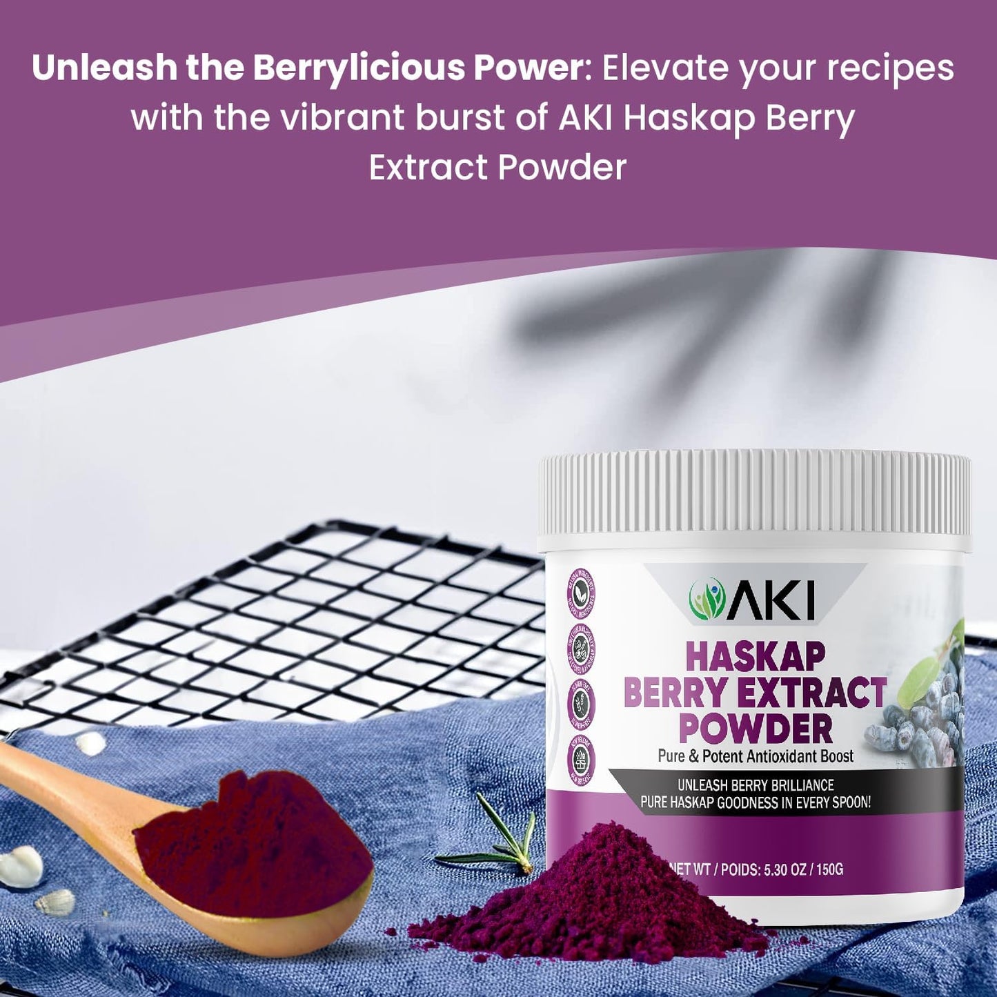 Organic Haskap Berry Extract Powder - High in Antioxidants & Vitamin-C - Quality Dried Berries - No Artificial Flavors - Boosts Energy - 5.30Oz/150g