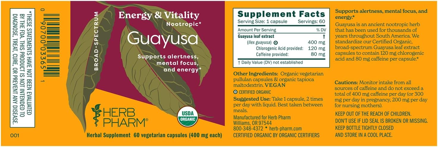 Organic Herb Pharm Guayusa Extract Capsules: Vegan Nootropic Brain Supplement for Energy & Focus, Antioxidant Support, Fast-Absorbing, 60 Ct - 30 Day Supply