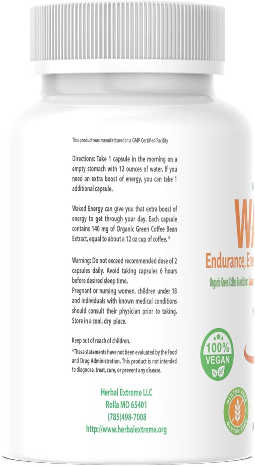 Organic Herbal Extreme Endurance and Energy Support Capsules with Green Coffee, Guarana, Green Tea, Ashwagandha, and Black Pepper Extracts