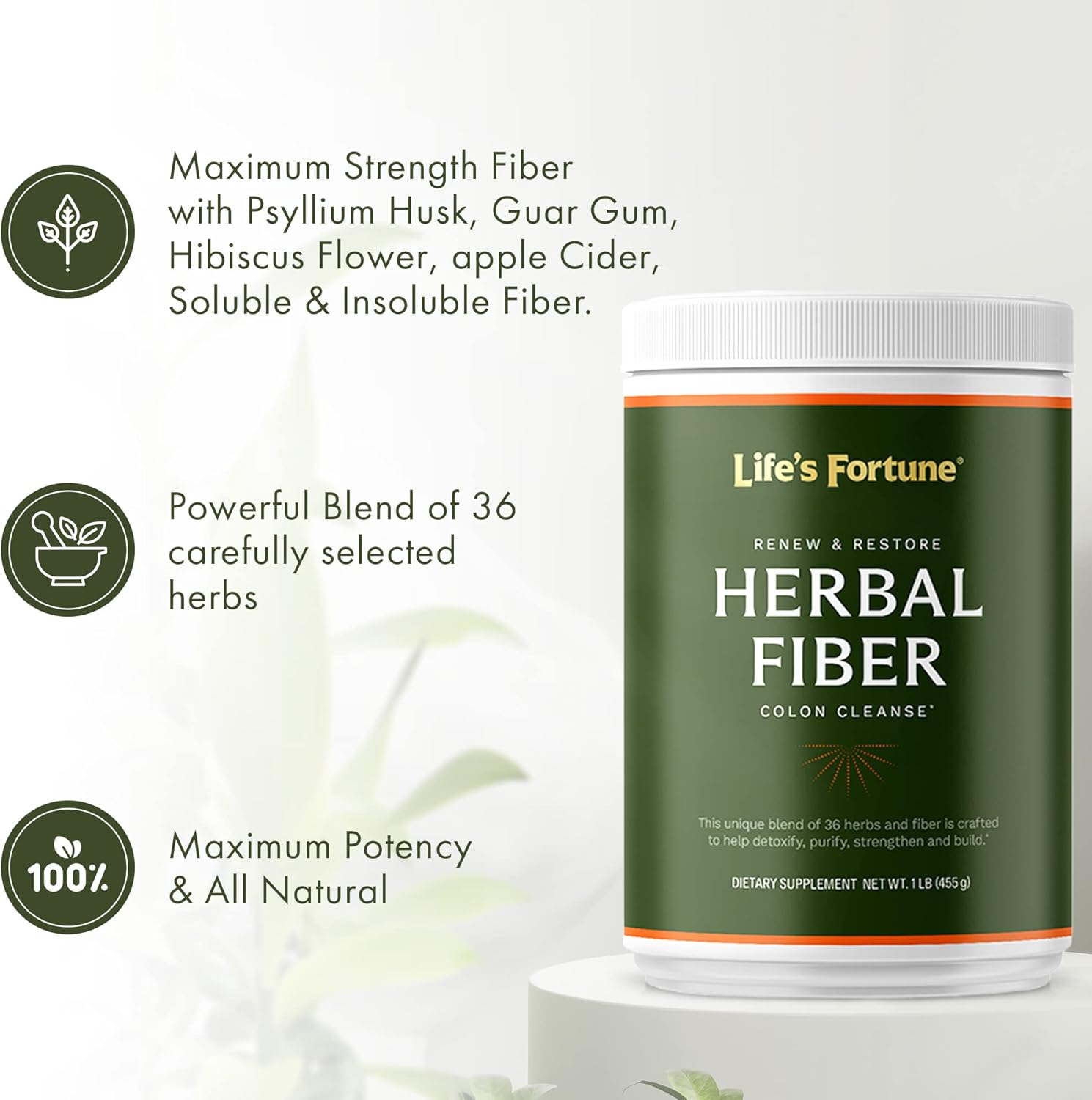 Organic Herbal Fiber Gut Health Drink with Apple Fiber - Non-GMO, Soy & Gluten-Free - 455g (50 Servings)