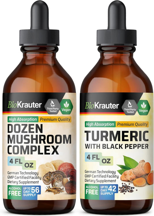Organic Herbal Immunity Boost Bundle: Mushroom and Turmeric Tinctures 4 Fl. Oz. (Pack of 12)