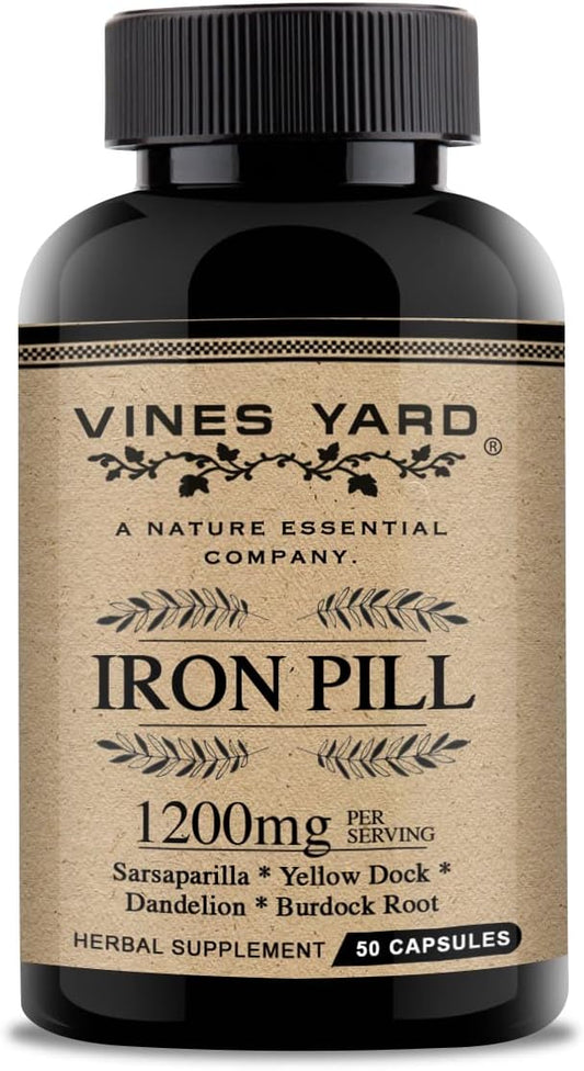 Organic Herbal Iron Pills with Sarsaparilla, Dandelion, Burdock Root & Yellowdock - 50 Pack, 1200mg Capsules