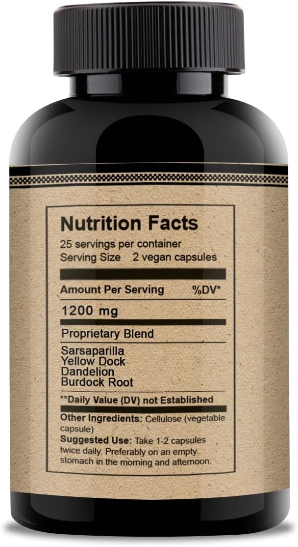 Organic Herbal Iron Pills with Sarsaparilla, Dandelion, Burdock Root & Yellowdock - 50 Pack, 1200mg Capsules